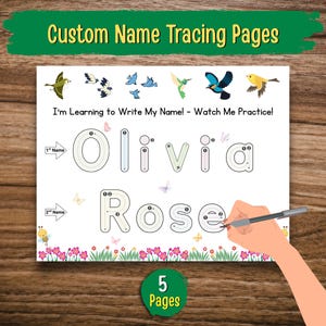 Puede incluir: Una página de trazado blanca con los nombres "Olivia" y "Rose" en líneas punteadas, diseñada para practicar la escritura a mano. La página está decorada con pájaros, mariposas y flores de colores. El texto "Custom Name Tracing Pages" está en la parte superior.