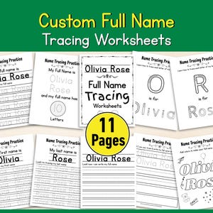 Puede incluir: Una colección de once hojas de trabajo de trazado de nombres completos personalizados para el nombre Olivia Rose. Las hojas de trabajo presentan letras grandes y líneas para trazar. El texto "Custom Full Name Tracing Worksheets" está en la parte superior.