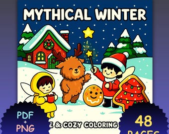 Mythical Winter Coloring Book, Cozy Fantasy Creatures (PDF + PNG)