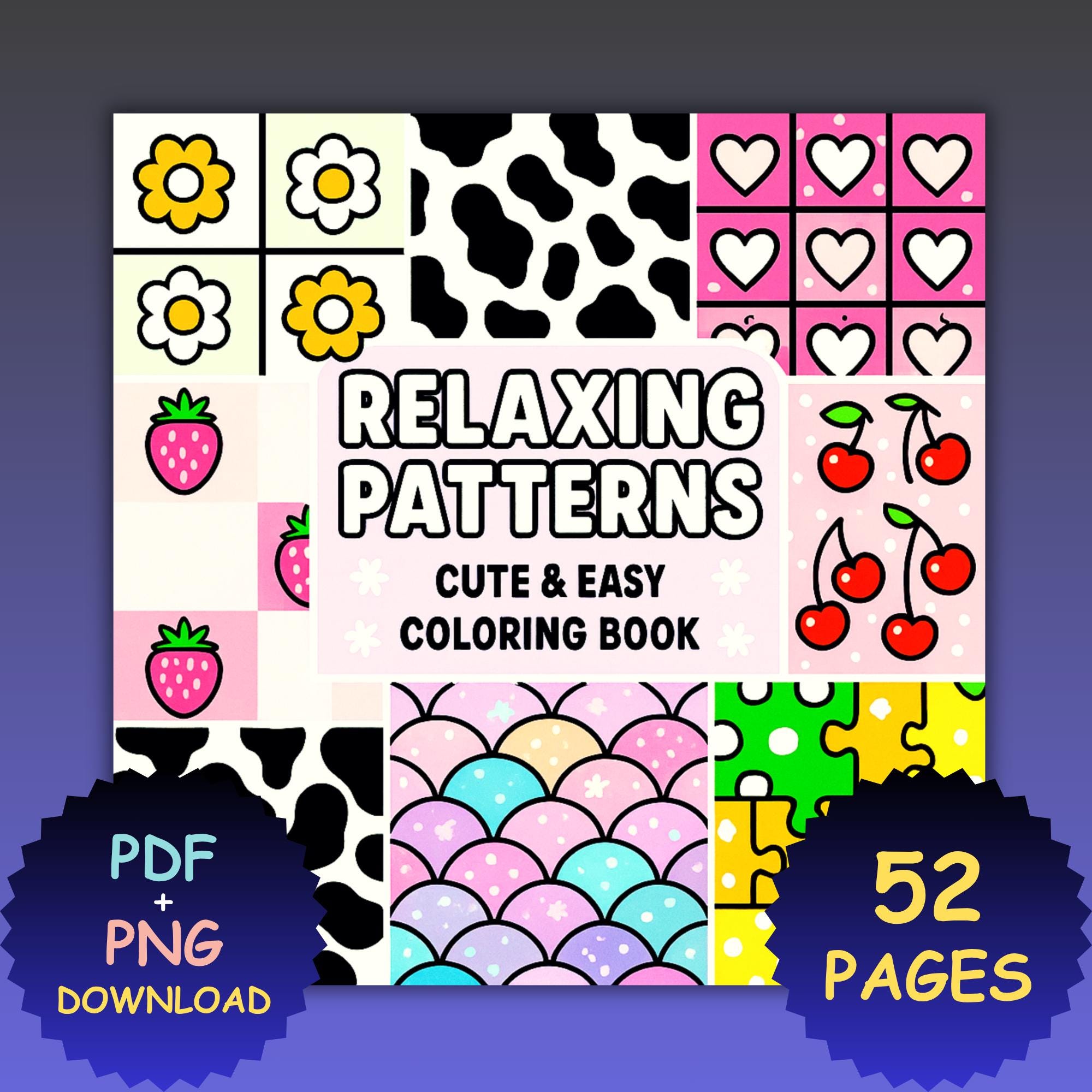 Relaxing Patterns Coloring Book – 52 Bold & Easy Kawaii Pages | Printable PDF + PNG for Procreate, iPad & Markers - Image 1