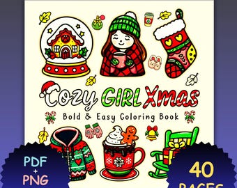 Cozy Christmas Coloring Book, Kawaii Winter Girls, Festive Holiday Art (PDF + PNG)