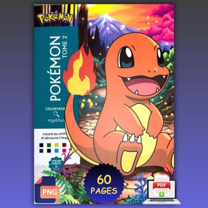 Puede incluir: Un libro para colorear Pokemon Tome 2 con un personaje Charmander naranja con una llama en la cola. La portada muestra el texto Pokemon Tome 2, Coloriage mysteres y 60 pages. El fondo muestra un paisaje de bosque y montaña.
