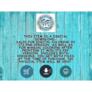 Puede incluir: Gr&aacute;fico de descarga digital con el texto "Coloring World". La imagen incluye un logotipo, texto que describe la descarga digital e iconos para un carrito de compras, descarga e impresi&oacute;n.