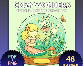 May include: A digital coloring book cover with the title "COZY WONDERS" and the subtitle "CUTE AND COMFY COLORING BOOK." The illustration features a girl reading a book inside a snow globe with rabbits and a butterfly. The book has 48 pages and is available as a PDF and PNG download.