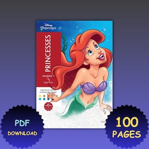 Op de afbeelding: Een kleurboek met Ariel uit Disney's De Kleine Zeemeermin. De cover toont Ariel met rood haar, een paarse schelpenbeha en een groene staart. Het boek heet "Disney Princesses" en bevat 100 pagina's.