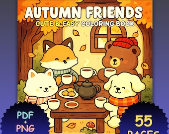 Libro para colorear Amigos de otoño: Animales y escenas kawaii (PDF + PNG)