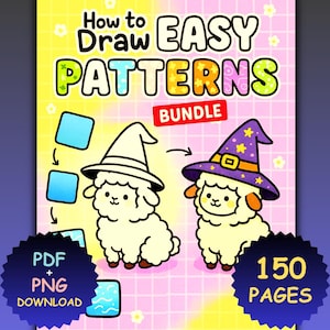 以下が含まれることがあります： 「How to Draw Easy Patterns Bundle」の画像。帽子をかぶった2匹の漫画の羊が描かれており、PDFとPNGのダウンロード、150ページを示すテキストがあります。背景は黄色とピンクです。