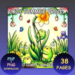May include: A digital download featuring a colorful illustration of green frogs in a garden setting. The image includes the text "COZY SUMMER FROGS" and "38 PAGES". Butterflies, flowers, and the words "PDF + PNG DOWNLOAD" are also visible.