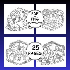 May include: Black and white line art illustrations of rooms, including a bedroom, living room, and office, surrounded by floral decorations. The image includes the text "PDF + PNG DOWNLOAD" and "25 PAGES".