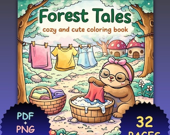 Cuentos del Bosque – Libro para colorear fácil y atrevido, 32 páginas adorables y acogedoras del bosque, amigos kawaii del bosque, dibujos relajantes para colorear, PDF + PNG imprimible