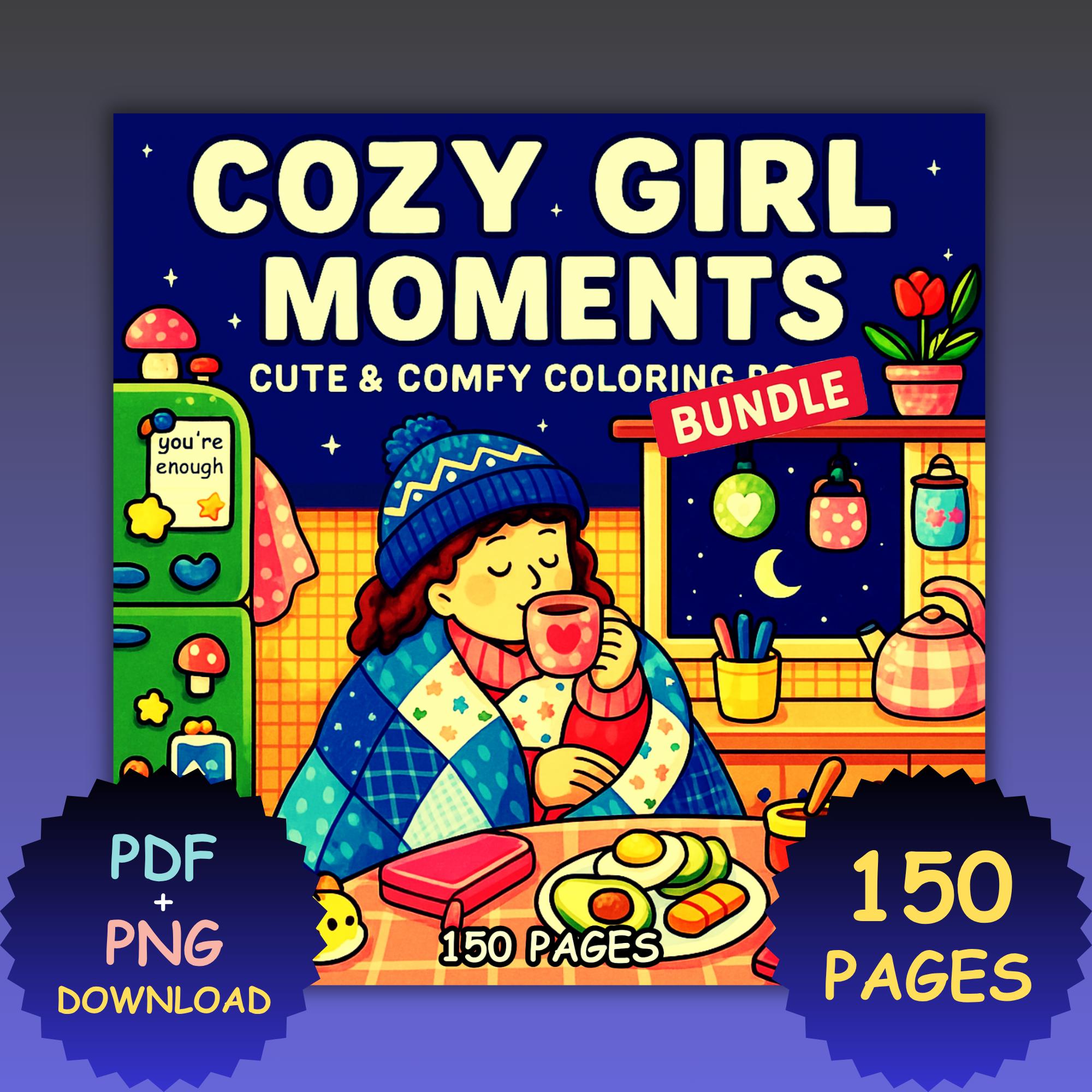 Libro para Colorear Cozy Girl Moments de Coco Wyo | 150 páginas lindas, audaces y fáciles | PDF + PNG imprimibles para adultos y adolescentes