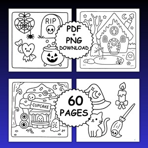 May include: Black and white Halloween-themed coloring pages. The images include a haunted house, a cauldron, a cupcake, a witch's hat, a cat, and a broom. The text says "PDF + PNG DOWNLOAD" and "60 PAGES".
