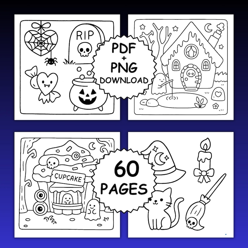 May include: Black and white Halloween-themed coloring pages. The images include a haunted house, a cauldron, a cupcake, a witch's hat, a cat, and a broom. The text says "PDF + PNG DOWNLOAD" and "60 PAGES".