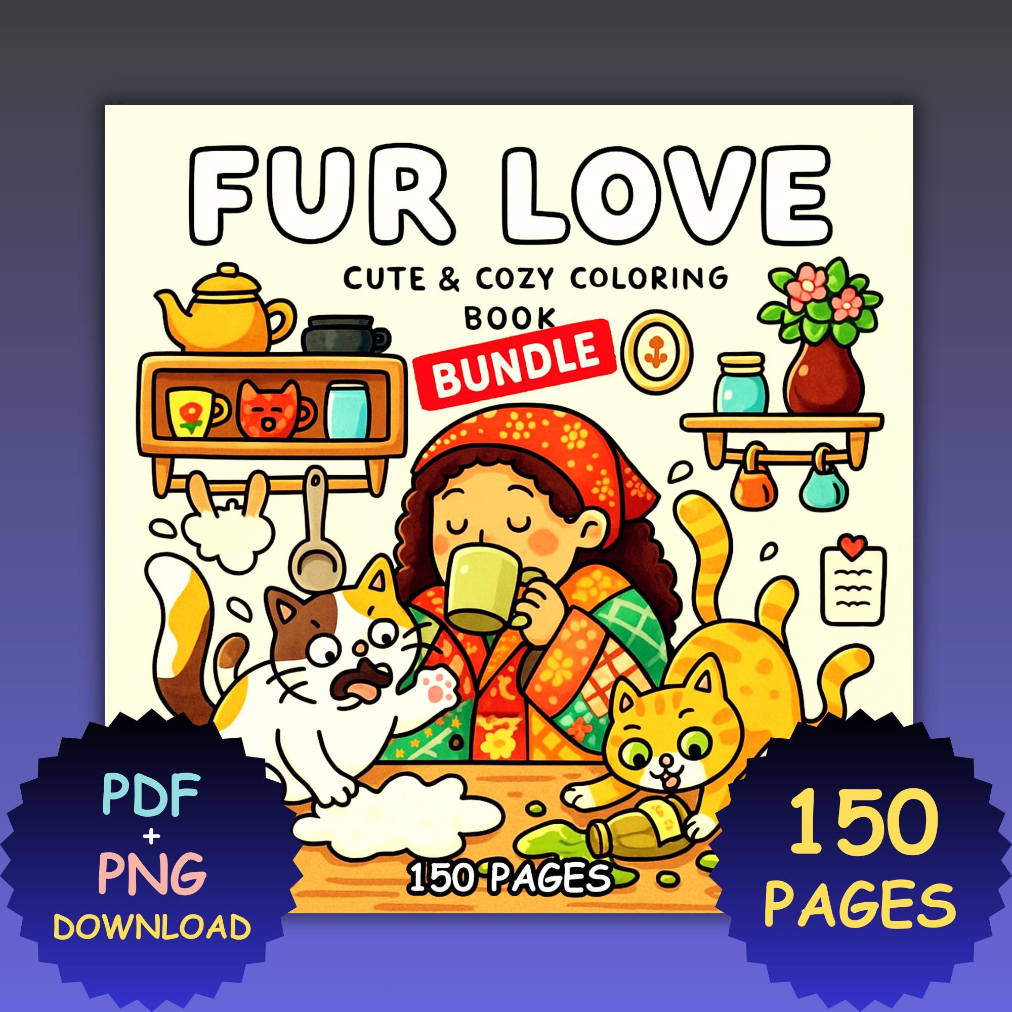 Fur Love Kawaii Cat Coloring Book PDF & PNG | 150 Bold Easy Pages | Coco Wyo | Printable for Procreate | Instant Download