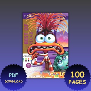 Könnte beinhalten: Ein farbenfrohes Malbuch mit dem Titel "Best of Pixar" mit einer Cartoonfigur mit orange-rotem Haar, großen Augen und einem breiten Mund. Das Buchcover hat das Pixar-Logo und den Text "100 Seiten" und "PDF-Download".