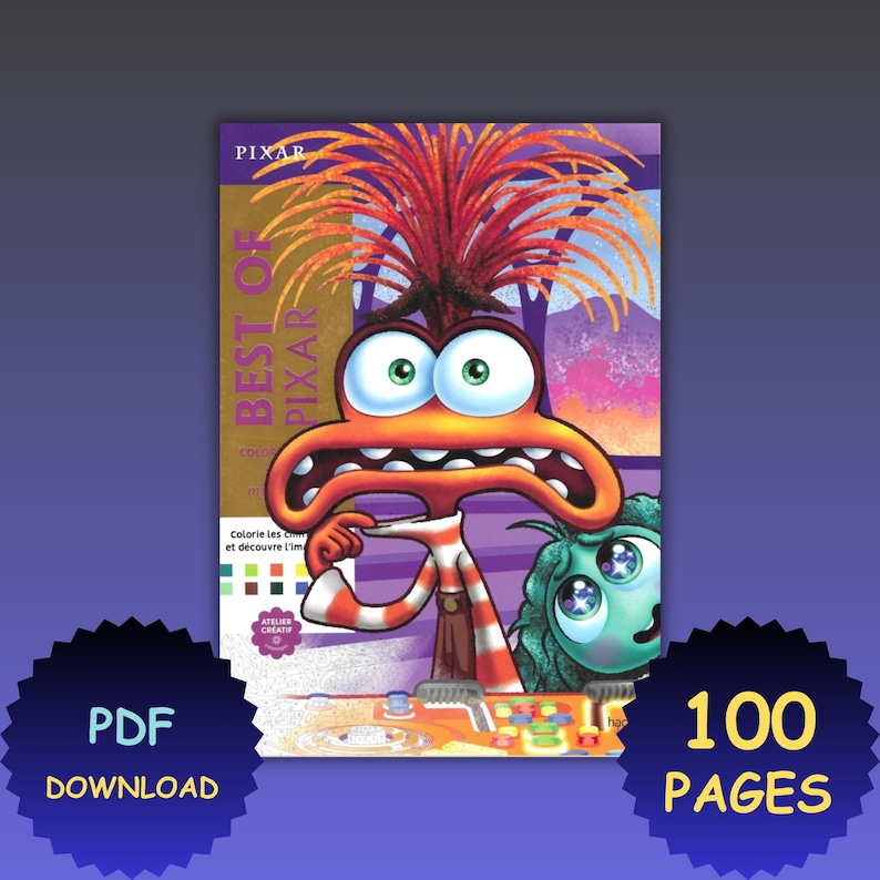 May include: A colorful coloring book titled "Best of Pixar" featuring a cartoon character with orange and red hair, large eyes, and a wide mouth. The book cover has the Pixar logo and the text "100 Pages" and "PDF Download".