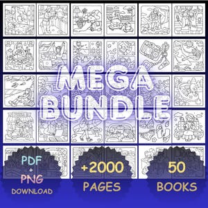 May include: A collection of 20 black and white coloring pages with various scenes, including people, animals, and objects. The text "MEGA BUNDLE" is prominently displayed, along with "PDF + PNG DOWNLOAD", "+2000 PAGES", and "50 BOOKS".