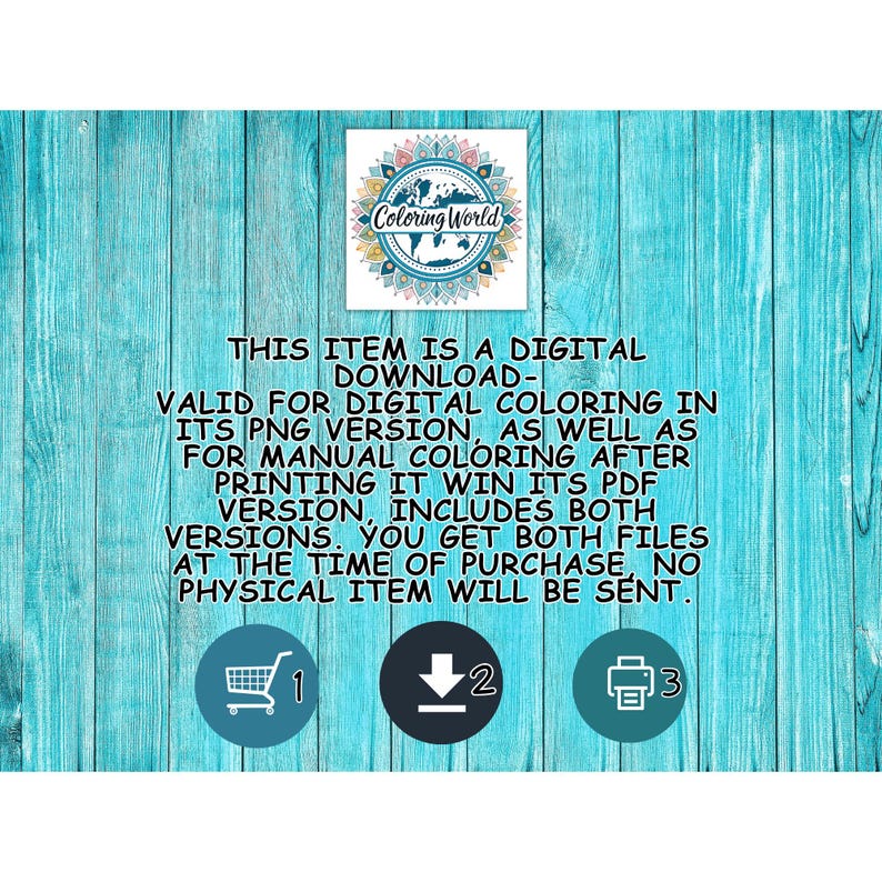 Pu&ograve; includere: Un avviso di download digitale con il logo Coloring World e il testo: THIS ITEM IS A DIGITAL DOWNLOAD- VALID FOR DIGITAL COLORING IN ITS PNG VERSION, AS WELL AS FOR MANUAL COLORING AFTER PRINTING IT WIN ITS PDF VERSION.