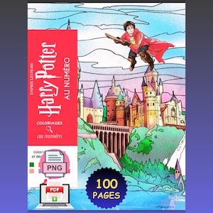 Puede incluir: Una portada de libro de colorear por números de Harry Potter con un personaje volando en una escoba sobre un castillo. La barra lateral roja muestra el texto Harry Potter, Coloriages au numéro y D'après les films. 100 páginas.