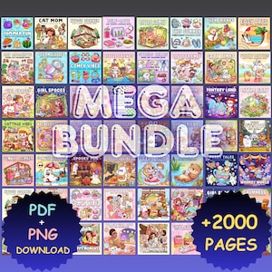 以下が含まれることがあります： 「Summer Fun」、「Cat Mom」、「Cozy Times」など、さまざまなテーマの塗り絵のコレクション。画像には「MEGA BUNDLE」と「+2000 PAGES」の文字と「PDF + PNG DOWNLOAD」バッジが表示されています。本にはカラフルなイラストが描かれています。