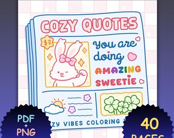 Cozy Quotes Coloring Book – 40 Bold and Easy Cute Cozy Pages, Printable PDF & PNG , Relaxing, Coloring Books, Coloring Pages