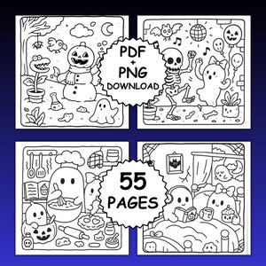 May include: Black and white Halloween-themed digital download featuring 55 pages of illustrations. The images include a pumpkin snowman, ghosts, skeletons, and other spooky characters. The text "PDF + PNG DOWNLOAD" and "55 PAGES" are also included.