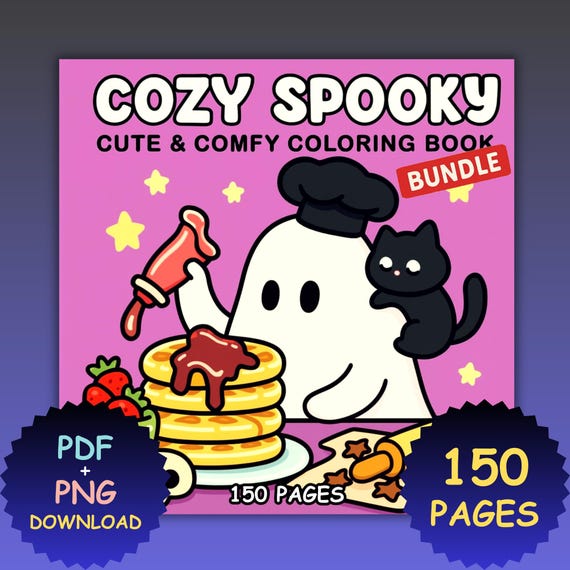 Cozy Spooky Coloring Book, 150 Cute Pages (PDF & PNG)