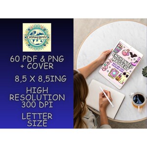 May include: A digital coloring book titled "Enchanted Mystery" is displayed on a tablet. The image also shows the text "60 PDF & PNG + COVER", "8.5 x 8.5 IN", "HIGH RESOLUTION 300 DPI", and "LETTER SIZE". A person is holding the tablet and a stylus.