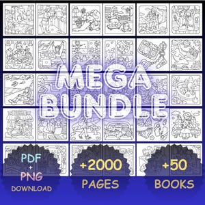 Pu&ograve; includere: Una collezione digitale di pagine da colorare in bianco e nero con varie scene come escursioni, attivit&agrave; in spiaggia e interni accoglienti. La griglia mostra diverse illustrazioni con il testo MEGA BUNDLE, PDF + PNG DOWNLOAD, +2000 PAGES e +50 BOOKS.
