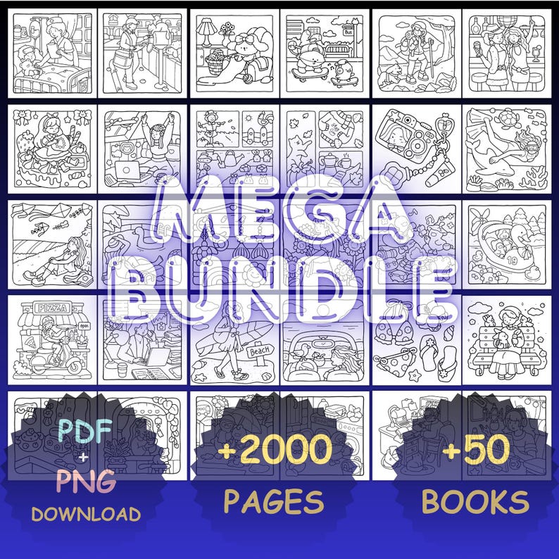 Pu&ograve; includere: Una collezione digitale di pagine da colorare in bianco e nero con varie scene come escursioni, attivit&agrave; in spiaggia e interni accoglienti. La griglia mostra diverse illustrazioni con il testo MEGA BUNDLE, PDF + PNG DOWNLOAD, +2000 PAGES e +50 BOOKS.