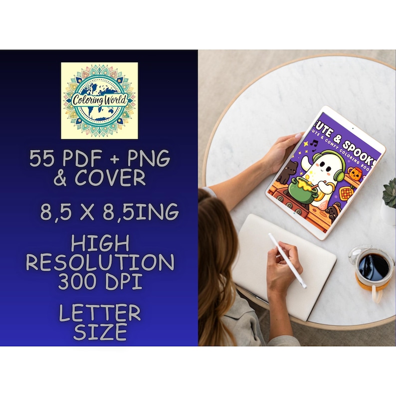 May include: A digital coloring book displayed on a tablet, featuring a cute ghost character with headphones. The tablet is held near a notebook and a cup of coffee. Text on the left side reads "55 PDF + PNG & COVER" and "8.5 x 8.5 IN".