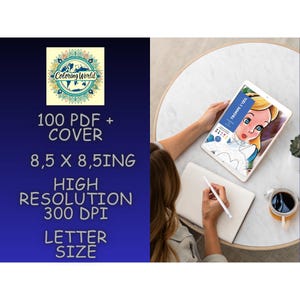 Puede incluir: Un libro para colorear digital se muestra en una tableta, con una ilustraci&oacute;n de Alicia en el pa&iacute;s de las maravillas. La imagen incluye el texto &laquo;TROMPE L'OEIL&raquo; y detalles: 100 PDF + COVER, 21.6 x 21.6 cm, alta resoluci&oacute;n, 300 DPI, tama&ntilde;o carta.