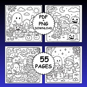 May include: Black and white Halloween-themed coloring book pages. The images include a ghost at a picnic, a mummy by a campfire, a ghost baking, and a snowman with a friend. The text says "PDF + PNG DOWNLOAD" and "55 PAGES".
