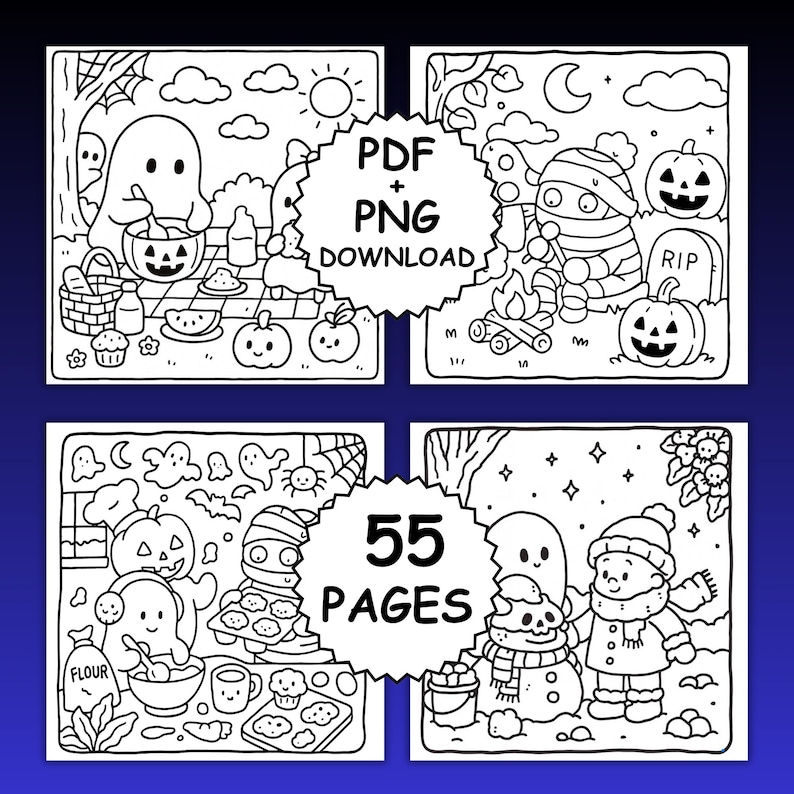 May include: Black and white Halloween-themed coloring book pages. The images include a ghost at a picnic, a mummy by a campfire, a ghost baking, and a snowman with a friend. The text says "PDF + PNG DOWNLOAD" and "55 PAGES".