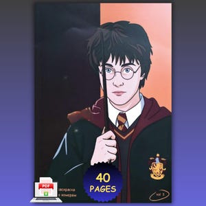Könnte beinhalten: Ein digitales Malbuch-Cover mit einer Cartoon-Illustration von Harry Potter, der einen Zauberstab hält. Die Figur trägt eine dunkelgrüne und kastanienbraune Schulrobe mit Wappen. Der Text lautet 40 PAGES und vol 3, mit einem PDF-Symbol.