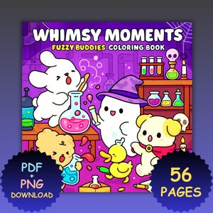 May include: A colourful illustration for a "Whimsy Moments Fuzzy Buddies Coloring Book." The image shows cartoon characters like a ghost, a duck, and a dog in a laboratory with beakers and potions. The cover also includes the text "PDF + PNG Download" and "56 Pages."