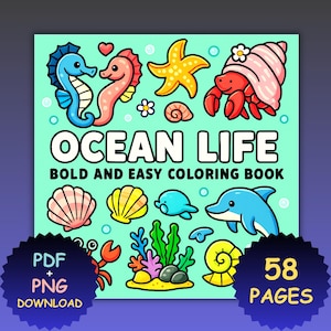 Ocean Scene Coloring Book,  Coco Wyo Coloring PDF + PNG | 50 Bold Easy Kawaii Pages, Cute Printable Coloring, Instant Dowloand Cozy Coloring