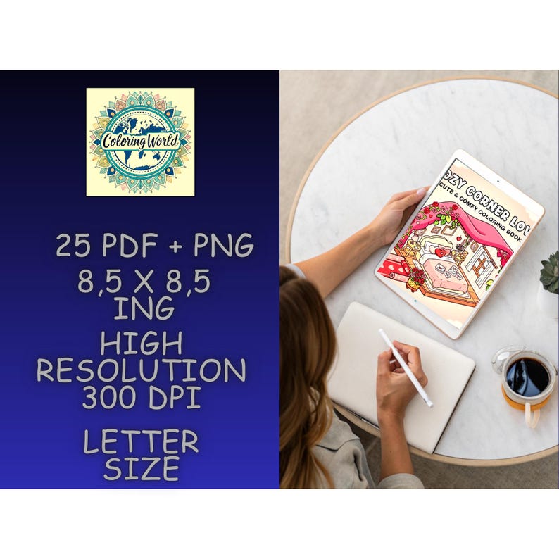 May include: A person is holding a tablet displaying a coloring book page titled "Cozy Corner Love." The image also shows a notepad, a pen, and a cup of coffee. Text on the left side reads "Coloring World," "25 PDF + PNG," and "Letter Size."