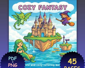 Cozy Fantasy – Bold & Easy Coloring Book, 45 Cute Fantasy Scenes, Magical Cozy Worlds, Kawaii Characters, Printable PDF + Digital PNG Pages