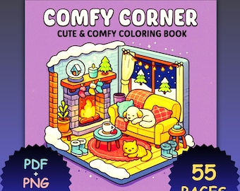 May include: A digital coloring book cover titled "Comfy Corner" with a cosy illustration. The image features a living room scene with a fireplace, a yellow couch, a sleeping dog, and a cat. The book is available as a PDF and PNG download, with 55 pages.