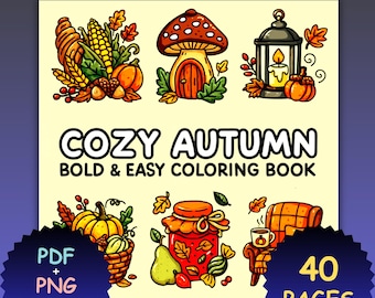 Cozy Autumn Coloring Book, Fall Designs (PDF PNG)