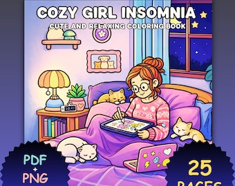 Może przedstawiać: Cyfrowa ilustracja kolorowanki zatytułowanej "Cozy Girl Insomnia". Obraz przedstawia osobę w łóżku z tabletem, otoczoną kotami. Tekst na okładce książki brzmi "Cute and Relaxing Coloring Book". Obraz zawiera również laptopa i stolik nocny.