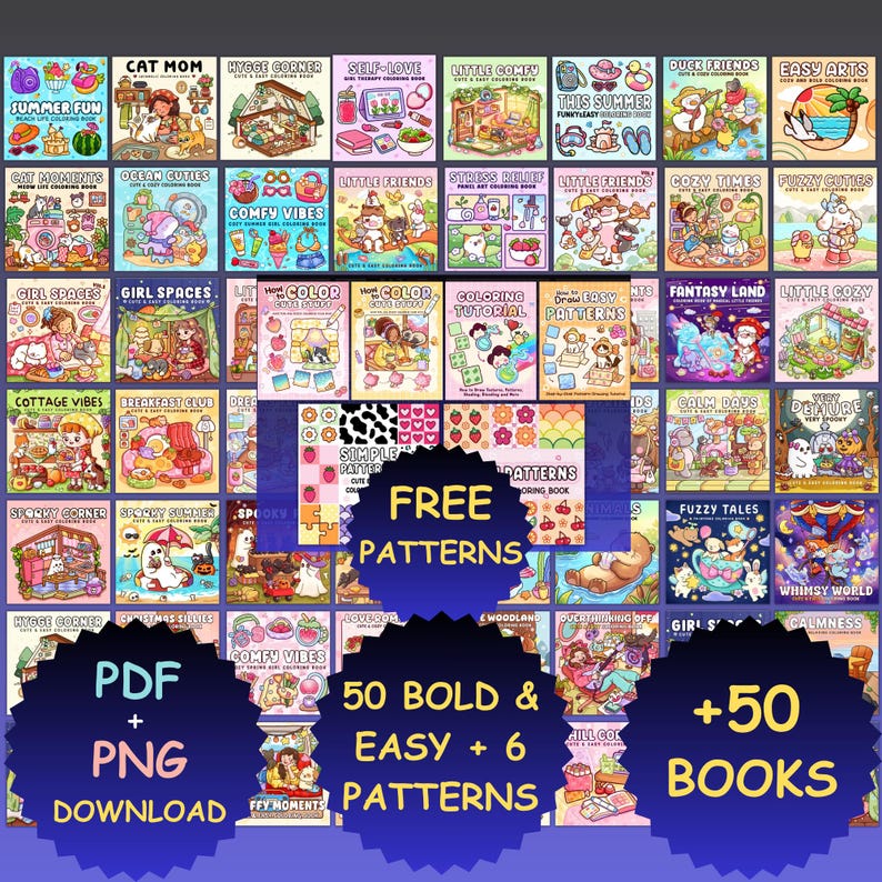 Pu&ograve; includere: Una collezione digitale di libri da colorare con vari temi come Cat Mom, Hygge Corner e Fantasy Land. L'immagine include sovrapposizioni di testo che indicano Free Patterns, PDF + PNG Download, 50 Bold & Easy + 6 Patterns e +50 Books.