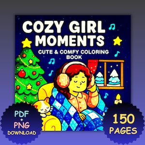 Könnte beinhalten: Ein digitales Malbuchcover mit dem Text "Cozy Girl Moments" und "Cute & Comfy Coloring Book". Die Illustration zeigt eine Person mit Ohrenschützern, eingehüllt in eine Decke, mit einer Katze, einem Weihnachtsbaum und einem Fenster mit Bäumen.