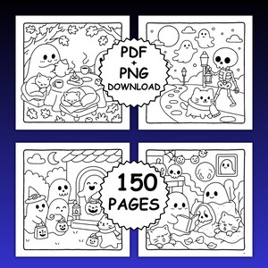 Op de afbeelding: Zwart-wit illustraties van Halloween-sc&egrave;nes met geesten, katten, skeletten en andere griezelige elementen. De afbeelding bevat de tekst "PDF + PNG DOWNLOAD" en "150 PAGES".