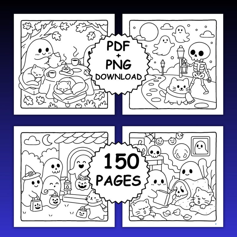 Op de afbeelding: Zwart-wit illustraties van Halloween-sc&egrave;nes met geesten, katten, skeletten en andere griezelige elementen. De afbeelding bevat de tekst "PDF + PNG DOWNLOAD" en "150 PAGES".