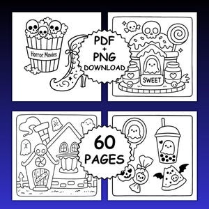 May include: Four square images with black and white Halloween-themed illustrations. One shows popcorn with skulls and the text "Horror Movies." Another features a haunted house and ghosts. The third depicts a sweet shop with skulls and a lollipop. The fourth shows a boba drink with a ghost.