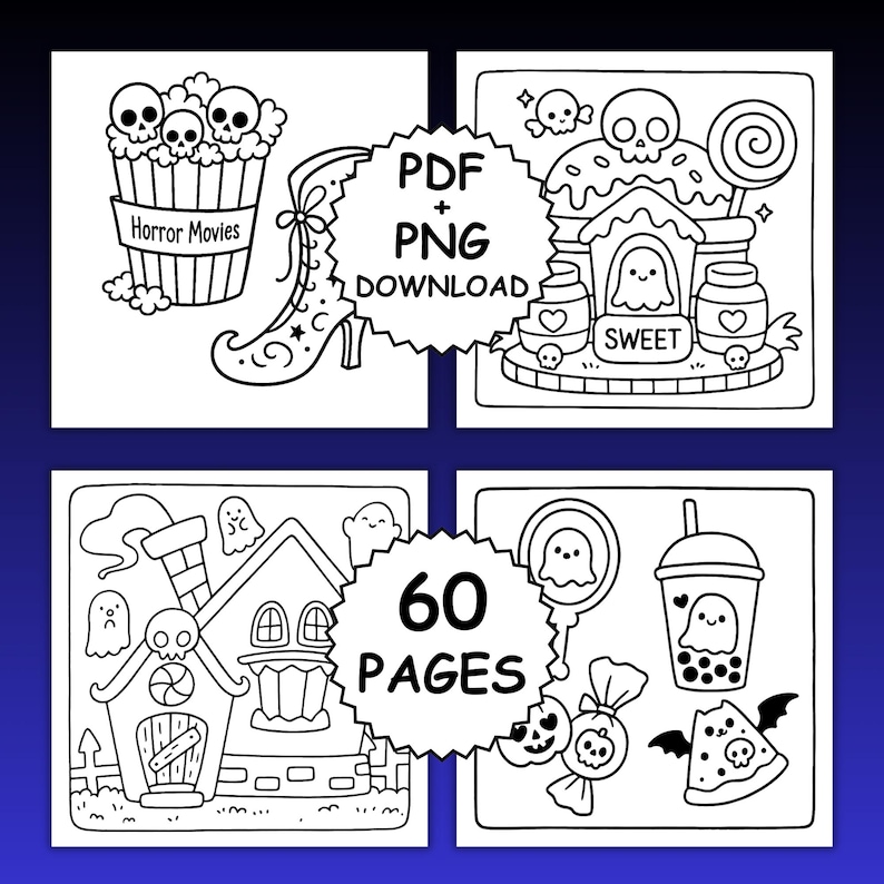 May include: Four square images with black and white Halloween-themed illustrations. One shows popcorn with skulls and the text "Horror Movies." Another features a haunted house and ghosts. The third depicts a sweet shop with skulls and a lollipop. The fourth shows a boba drink with a ghost.