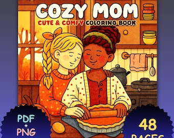 May include: A digital coloring book cover with the title "COZY MOM" and the subtitle "CUTE & COMFY COLORING BOOK." The illustration shows two women in a kitchen, one rolling out dough. The cover also includes the text "PDF + PNG DOWNLOAD" and "48 PAGES."