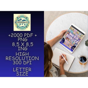 May include: A digital tablet displays a "MEGA BUNDLE" of coloring pages. The image includes text: "+2000 PDF + PNG 8.5 x 8.5 ING HIGH RESOLUTION 300 DPI LETTER SIZE" and a "Coloring World" logo. A cup of coffee and a notepad are also visible.